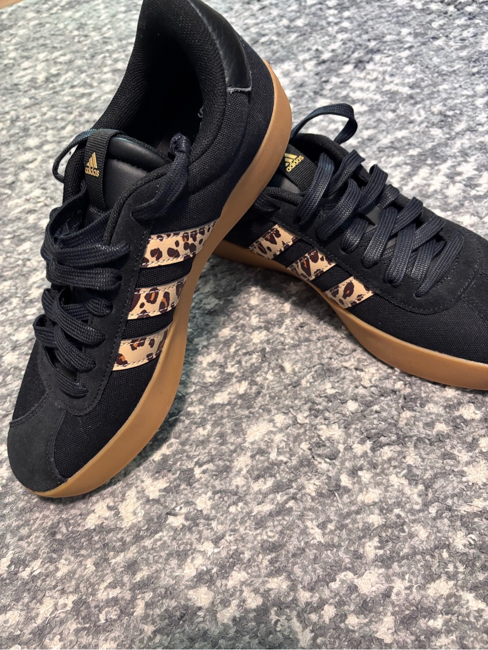 Adidas Women’s Black Sneakers with Leopard Accent and Gum Sole